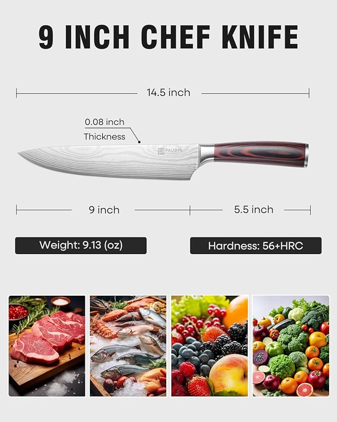PAUDIN Chef Knife - 9 Inch Sharp Kitchen Knife with Sheath, High Carbon Stainless Steel Japanese cooking knives with Ergonomic Handle, Premium Gift Box