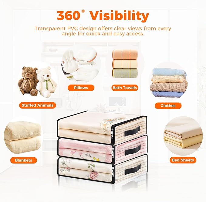 SpaceWhisper 4 Pack Clear Storage Bags, Plastic Blanket Storage Bags with Zipper and Handle, Moving Bags for Comforter, Bedding & Clothes, Closet Organizer and Under Bed Storage (15.7x13.8x3.9 Inch)