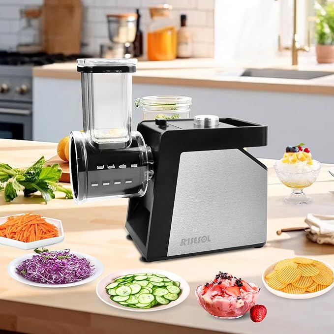 7 in 1 Electric Cheese Grater Ice Shaver with 7 Blades Stainless Steel Multifunctional Vegetable Shredder 250W BPA-Free 110V