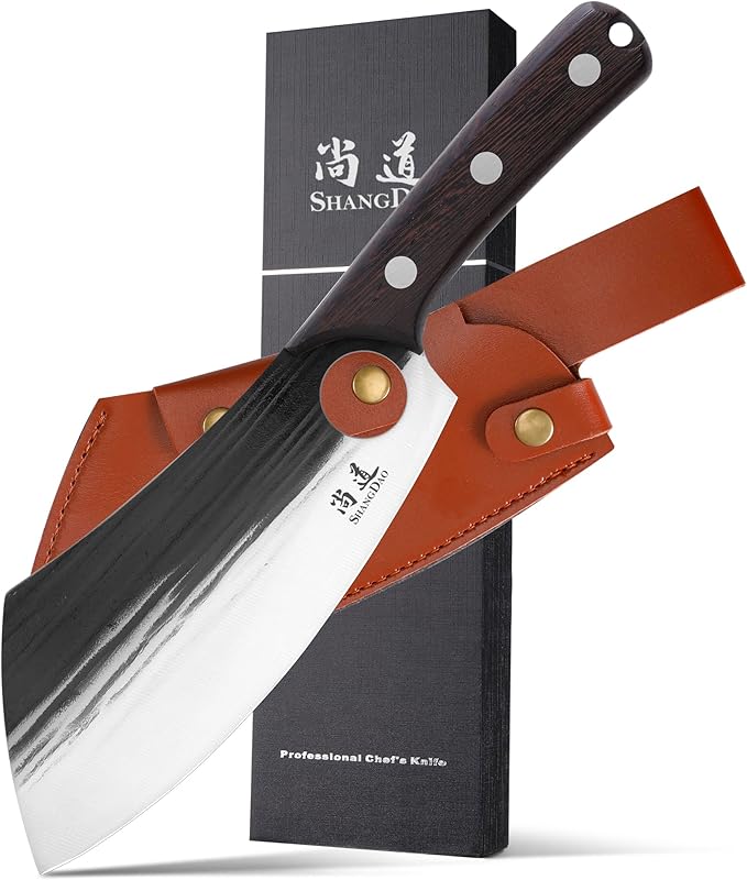 SHANGDAO 7.5" Chef Knife, Upgraded Serbian Chef Knife, Meat Cleaver Knife for Meat Cutting Forged Butcher Knife with Sheath Full Tang Kitchen Chopping Knife for Home, Outdoor Cooking, Camping
