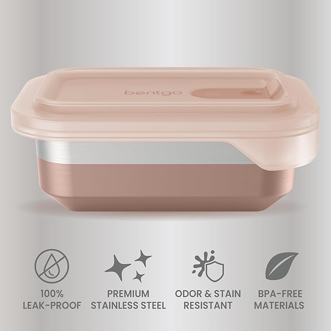 Bentgo MicroSteel Heat & Eat Container – Microwave-Safe, Leak-Proof, Easy-to-Clean, Lightweight Stainless Steel Reusable Food Storage with Airtight Silicone Lid (Snack Size; 2-Cup Capacity; Rose)