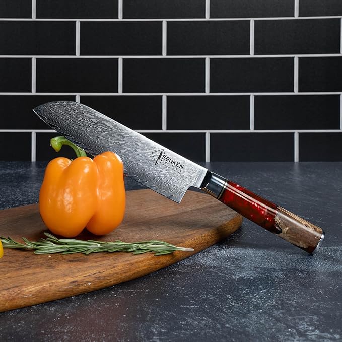 SENKEN 7-Piece Damascus Kitchen Knife Set - Tsunami Collection - 67-Layer Japanese VG10 Steel - Chef's Knife, Cleaver, Santoku, Bread, Boning, & More (Red Resin Blend)