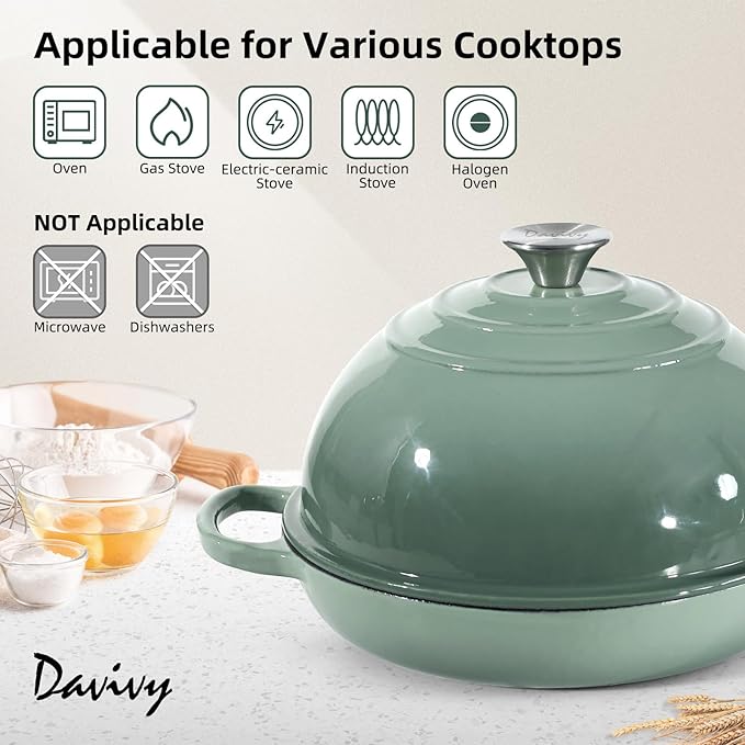 Davivy 5.5QT Sourdough Dutch Oven with Domed Lid, 10" Round Bread Dutch Oven, Enameled Cast Iron Bread Oven, Bread Oven for Sourdough Bread - Sea Salt Green