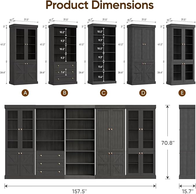 70.8" Tall Black Bookshelf, Farmhouse Modular Bookcase with 6-Tier Adjustable Shelves, Large Storage Cabinet for Home Office, Living Room, Set of 4