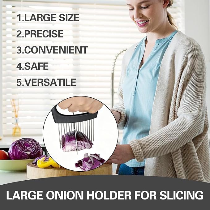 Extra-Large Onion Holder for Slicing, Onion Cutter Vegetable Chopper, Extra-Large Tomato Slicer with 16 Long Needles, Stainless Steel Tomato Potato Slicer, Meat and Food Slicing