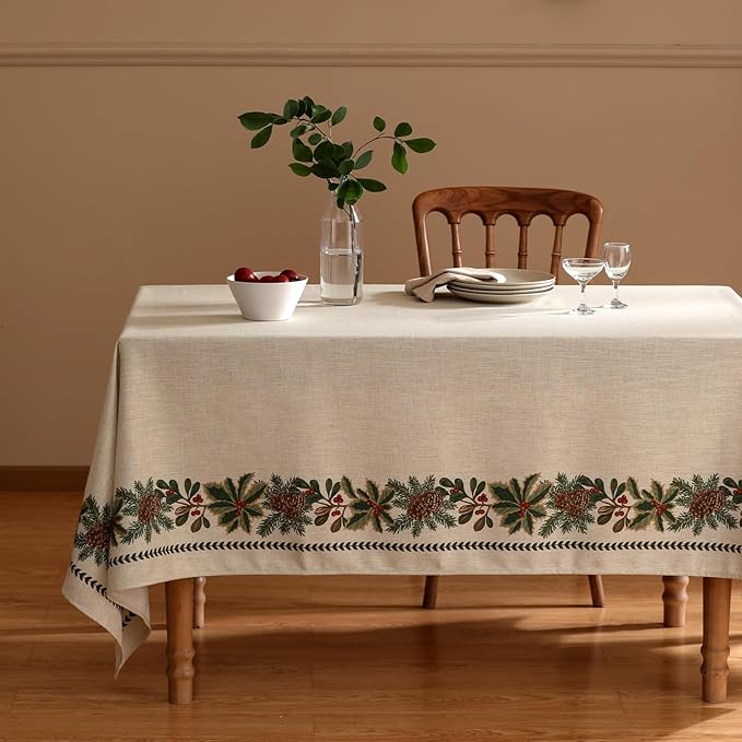 ISAENNE Designer Christmas Linen Table Cloth for Rectangle Table,Light Beige Western Tablecloth,Wrinkle Resistant Decor Tablecloths for Dining Thanksgiving Kitchen Christmas,55"*79"-Carol G
