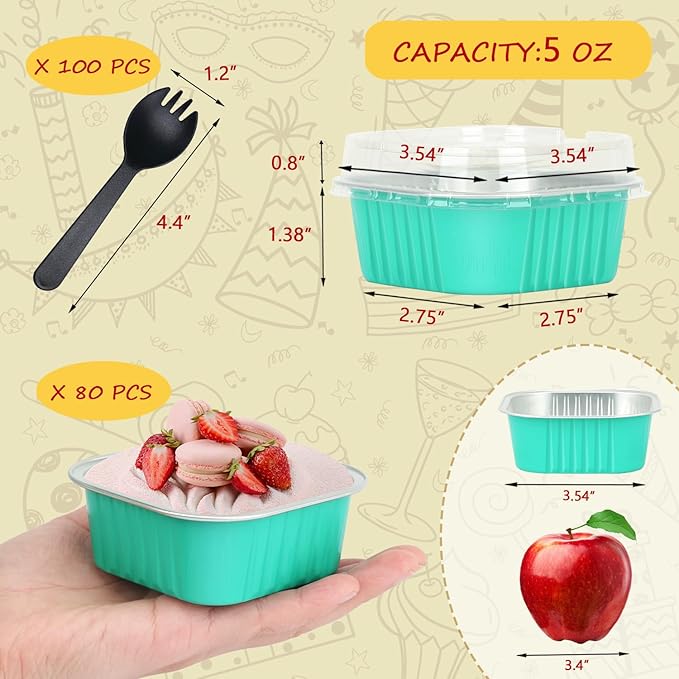 5oz/80pack Mini Cake Pans with Lids,LNYZQUS Aluminum Foil Cupcake Baking Cups Muffin Tin,Disposable Ramekins Small Cake Mini Brownie Baking Pan Cheesecake Containers -Cyan Blue