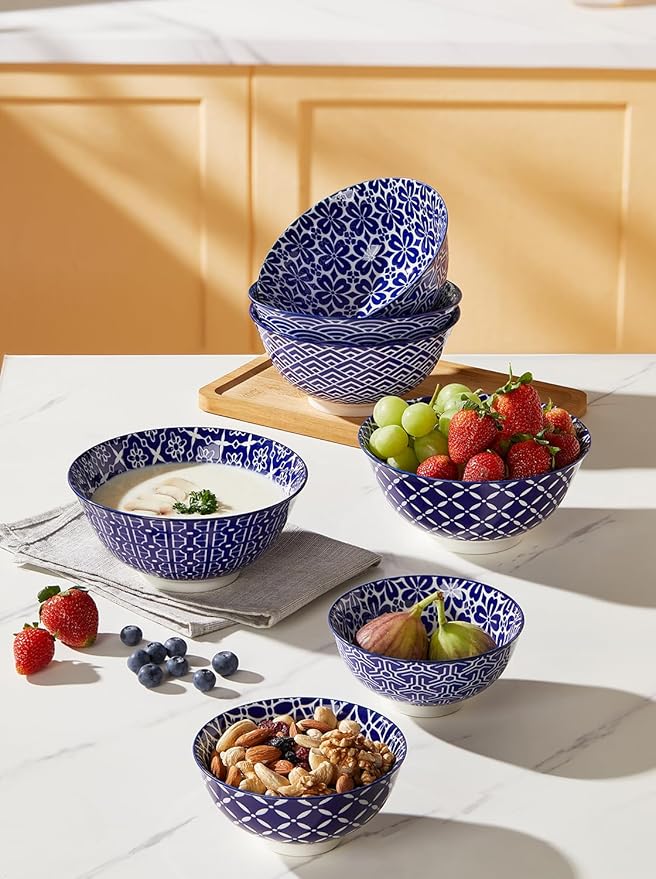 Ceramic Cereal Bowls, 23 Oz Blue and White Bowls, Porcelain Soup Bowl Set for Salad, Dessert, Pasta, Ice Cream,Set of 6