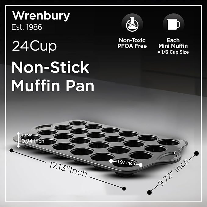 Wrenbury Mini Muffin Pan Non Toxic - Non Stick 24 Cup Small Cupcake Tray for Baking Joyful Bites - Dishwasher Friendly - Health Concious Baking - 1.8" Cup