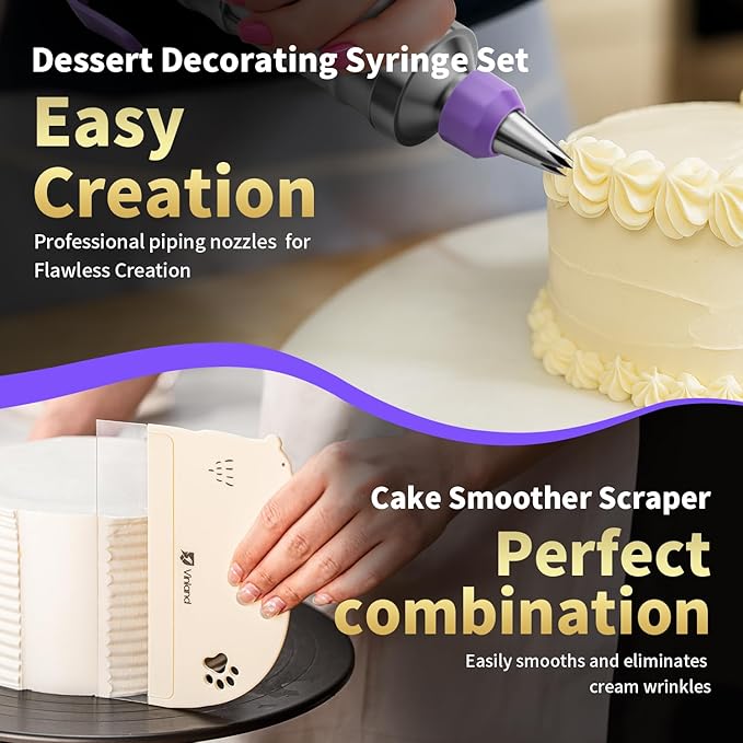 Dessert Decorating Syringe Set icing piping kit Stainless Steel frosting piping kit with 31 professional piping tips 50 disposable piping bags 1 silicone spatula 1 set of soft cake scrapers, Purple