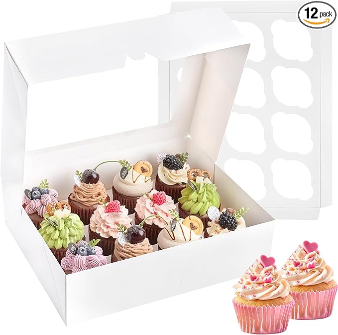 Kucoele 12 Count Cupcake Boxes, 12 Pack White Cupcake Containers with Windows and Inserts, Disposable Cupcake Carriers for Muffins, Treats, Pastries, 13 x 10 x 4 Inches