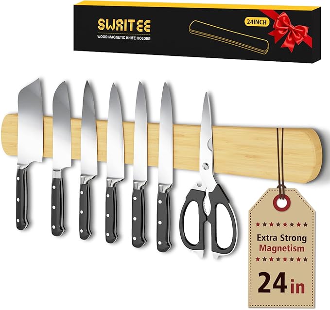 Magnetic Knife Holder for Wall, 24 Inch Extra Large Bamboo Knife Strip with Strong Magnetism, Space Saver Organizer for Farmhouse/Restaurant Kitchen, Housewarming Gifts