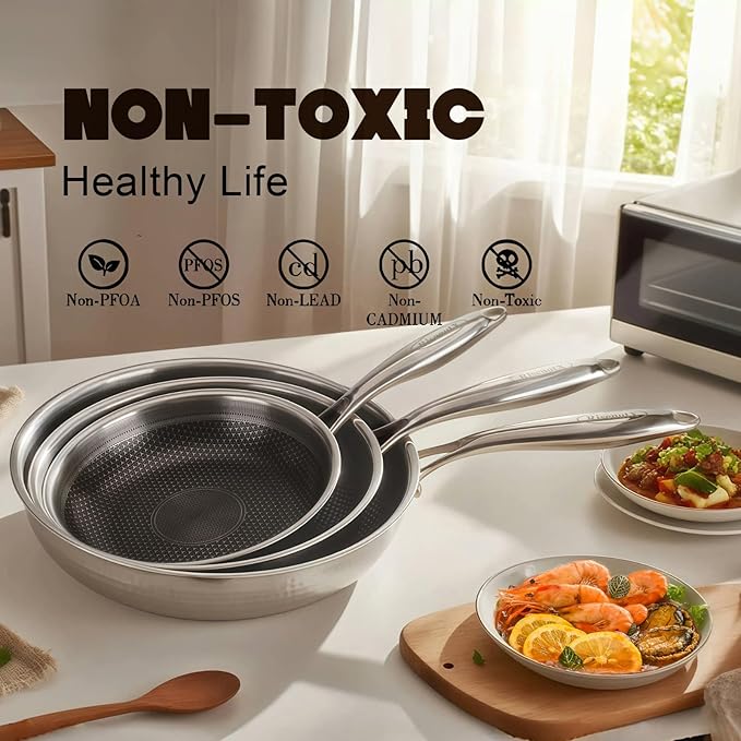 Hybrid 12 inch Stainless Steel Non Stick Skillet,Frying Pans Nonstick, PFOA Free Cookware, Dishwasher and Oven Safe, Induction Compatible