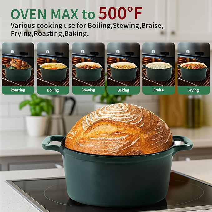 Enamel Cast Iron Dutch Oven with Lid, Round Casserole Pot for Bread Baking, Braising, Roasting, and Stews, Heavy-Duty, Oven Safe, Induction Compatible (4.7QT,Green)