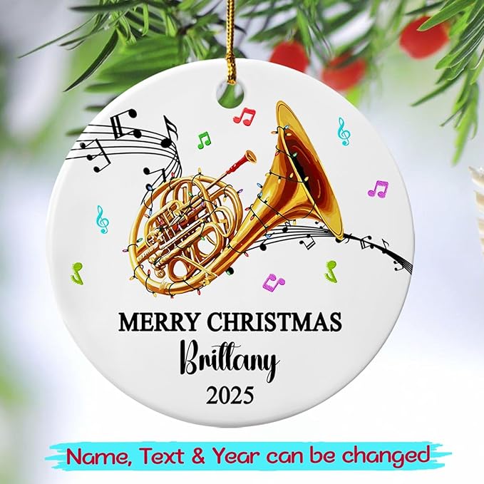 Custom Text Year Name French Horn Player Ceramic Ornament, Personalized French Horn Instrument Xmas Ornaments Gift for Daughter Son Brother Sister, Unique Musical Instrument Lover Christmas Ornament
