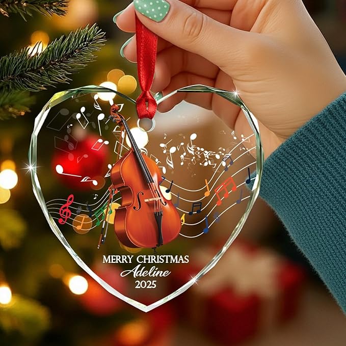 Personalized Contrabass Musical Instrument Glass Ornament, Customized Text Year Name Contrabass Player Ornaments Gift for Double Bass Lover Daughter Son, Best Double Bassist Glass Christmas Ornament