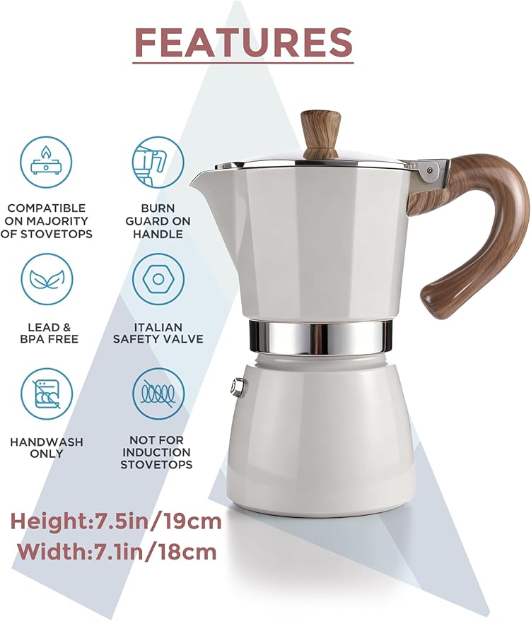 AGOGO Milano Moka Pot, Stovetop Espresso Maker, Greca, Coffee Percolator, Turkish Coffee Maker with Paper Filter, 6 Cup, Cream Color