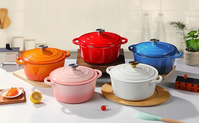 Enameled Cast Iron Dutch Oven Pot with Lid Heavy-Duty Cookware for Bread Baking, Braising, Stews, Roasting,5.5QT，pink