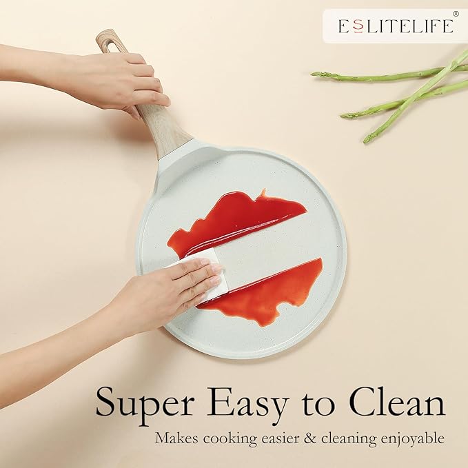 ESLITE LIFE 9.5 Inch Crepe Pan with Spreader, Nonstick Ceramic Flat Skillet Dosa Tawa Comales Para Tortillas Pancake Pan, PTFE & PFOA Free, White