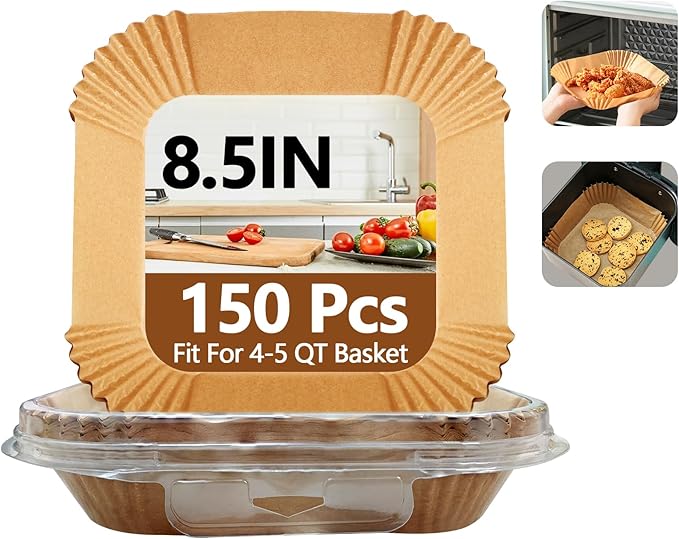 8.5 Inch Air Fryer Liners, 150PCS Non-Stick Air Fryer Paper Liners Disposable, Oil-Proof & High-Temperature Resistant Square Baking Paper for Air Fryer, Microwave, Oven（Bottom Is 7 Inch）