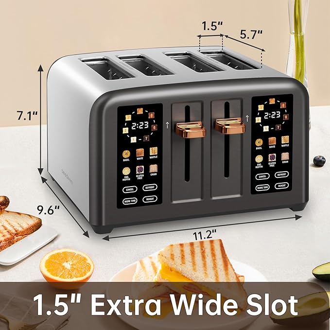 SEEDEEM Toaster 4 Slice, Stainless Steel, Touch Screen for Dual Control, Digital Timer, Smart Toaster with 6 Bread Type, 7 Shade Setting, 1.5''Wide Slot, Removable Crumb Tray, 1800W, Dark Metallic