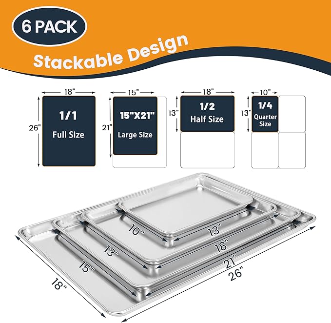 6 Pack Quarter Size Baking Sheet Pan, Aluminum Commercial Cookie Sheet Pan, Durable & Anti-Stick 13”x 10”