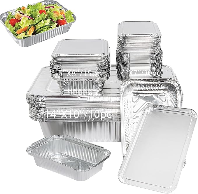 Notwoe® 55pc Disposable Aluminum Pans With Lids, 10x14 (10pc) 5.5x8.2 Square (15pc) And 4x7 Square (30pc) Combo Set, Disposable Baking and Cake Pan. (55 Pack w/Lids)