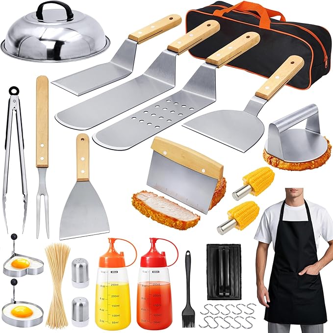 33PCS Griddle Accessories Kit, Flat Top Grill Accessories Set for Blackstone and Camp Chef, Stainless Steel Grill Spatula Set with Enlarged Spatulas, Basting Cover, Burger Press for Outdoor Barbecue