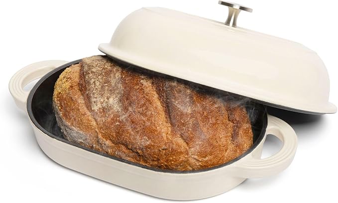 TOMO Cast Iron Oval Bread Oven, 10" x 6.5" - Rustic Dutch Oven Bread Cloche with Steam Circulating Lid for Perfect Sourdough