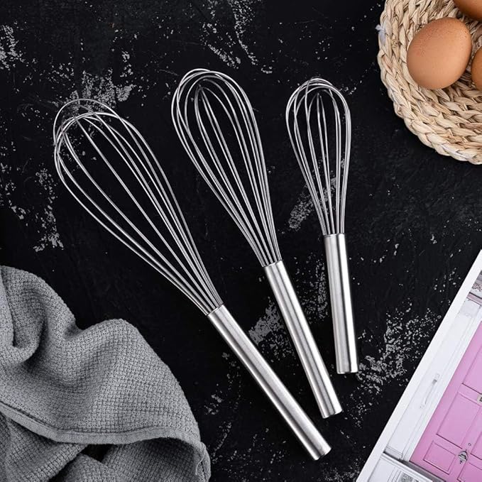Stainless Steel Whisks with 3 Packs 8"+10"+12" Kitchen Whisk Set Kitchen Whip Kitchen Utensils Wire Whisk Balloon Whisk Set for Blending Whisking Beating and Stirring