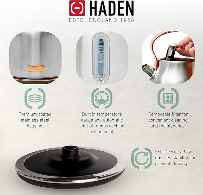 Haden Heritage 4 Slice Wide Slot Stainless Steel Toaster Bundled with 1.7 Liter Stainless Steel Electric Water Kettle, Steel & Copper