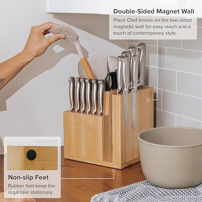 KitchenEdge Bamboo Magnetic Knife Block and Cooking Utensil Holder, Sleek Storage for Chefs Knives, Steak Knives, Spatulas, Scissors, Non-Slip Rubber Feet, Easy to Clean, Kitchen Countertop Organizer