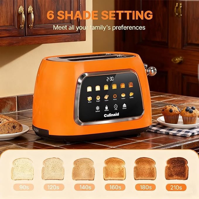 Toaster 2 Slice Smart Touch Screen, Retro 1.5'' Extra Wide Slot Stainless Steel Digital Bread Toaster with Memory Function, Bagel, Defrost, 6 Browning Level and Removable Crumb Tray, Orange