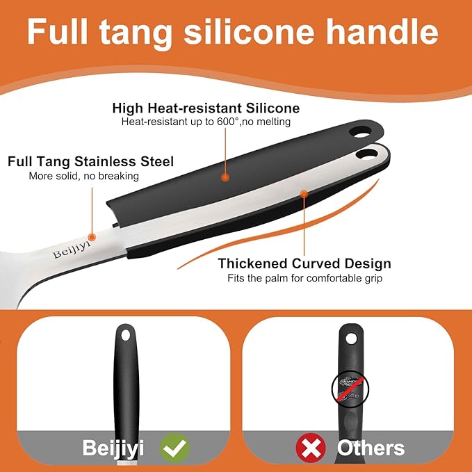 Beijiyi Stainless Steel Spatulas Set, Solid and Slotted Metal Turner Spatula for Cooking Cast Iron Skillet, Kitchen and Griddle Spatula with Full Tang Silicone Handle for Smash Burger, Pancake, Egg