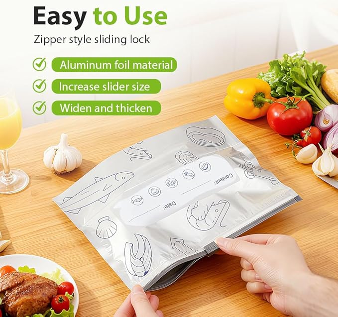 Reusable Aluminum Foil Sealable Storage Bags, 2026 New Resealable Vacuum Zipper Pouches, Stand Up Foil Sealable Bags with Label and Zip Lock for Kitchen (10, Medium)