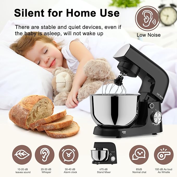 Stand Mixer, 5.5 Quart, 10 Speed Tilt-Head Kitchen Mixer, Copper Motor, Household Food Mixer with Bowl, Flat Beater, Dough Hook, Egg Whisk (300W Black)