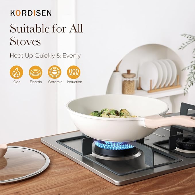 Kordisen Nonstick Wok with Lid, 12 Inch Woks & Stir-fry Pans, Healthy Coating Induction Cookware, Compatible with All Stovetops, PFOA Free (Cream White)