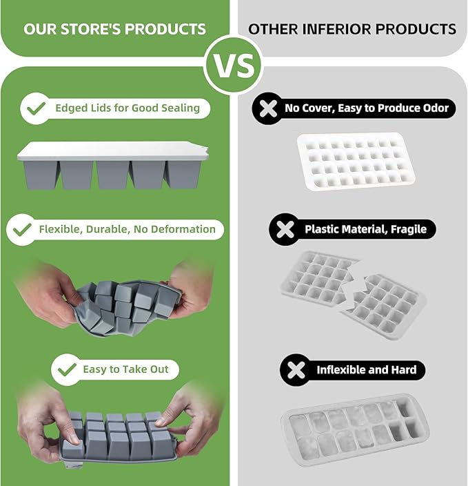 Silicone Ice Cube Tray, 2 Pack Easy-Release Stackable Ice Trays for Freezer with Lid 15 Reusable Cubes, Food Grade BPA Free Ice Molds for Whiskey, Baby Food, Coffee, Cocktail, Drinks (Grey)