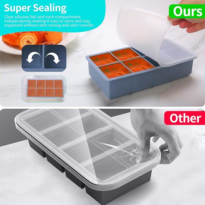 1/2 Cup Silicone Freezer Tray With Lid - Silicone Freezer Molds 2-Pack For meal prep & freezing of various sauces and other dishes, makes 16 perfect 1/2 cup portions cubes (Blue 2 Pack)