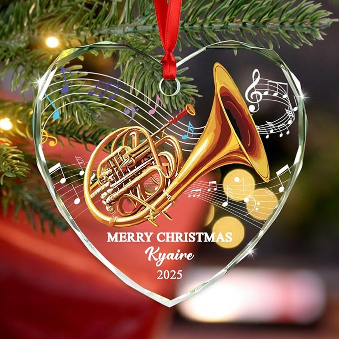 Customized French Horn Instrument Glass Ornament Xmas Tree, Personalized Year Text Name French Horn Lover Christmas Ornaments Gift for Dad Mom Husband Wife Uncle Aunt,Unique Horns Glass Xmas Ornament
