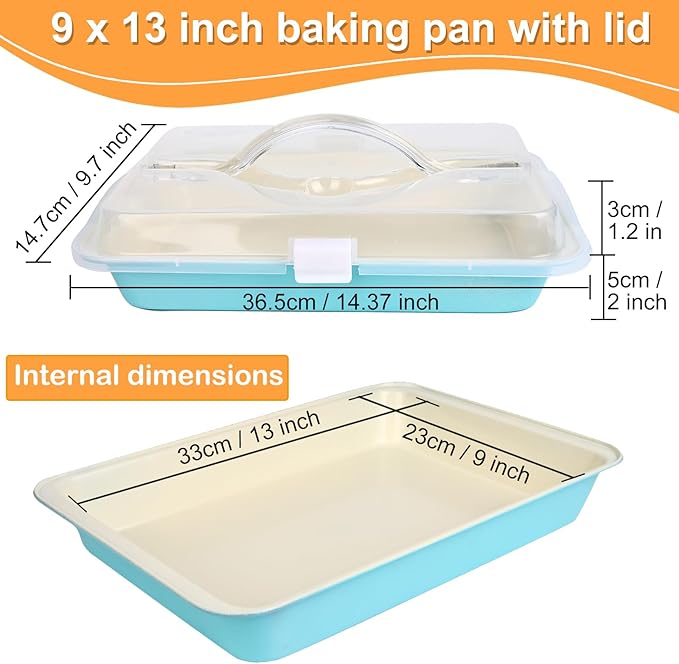 9x13 Baking Pan with Lid and Handle, Nonstick Cake Carrier with Locking Cover, Deep Oblong Bakeware for Brownies, Casseroles, and Travel, Blue and Beige