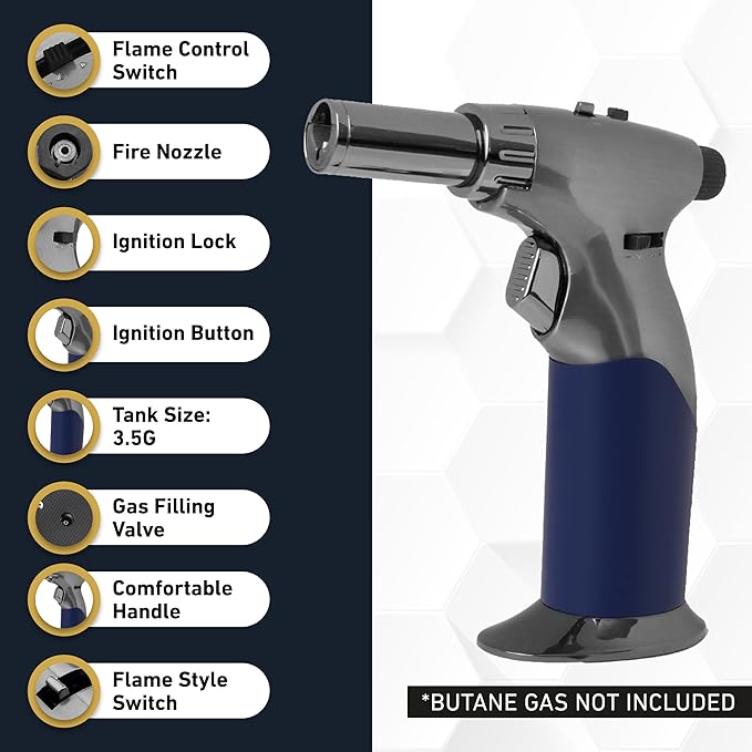 Dual Flame Butane Torch Gun - Refillable Luxury Hand Held Mini Blow Torch for Cooking, Creme Brulee, Soldering, Welding, & Resin Art - Adjustable Flame with Ignition Lock - Steel Blue by inZaynity