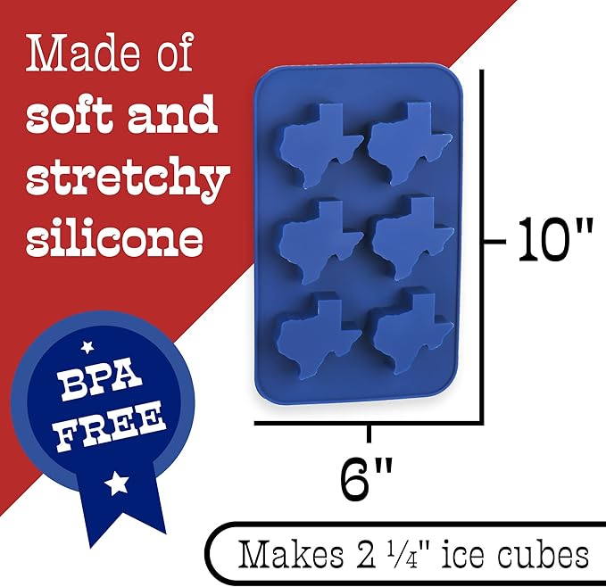 IMPRESA Silicone Ice Trays for Freezer - Texas Shaped Ice Cubes & Chocolate Molds - Silicone Molds for Gelatin & Candy - Blue, Pack of 2, 6 Cubes Each