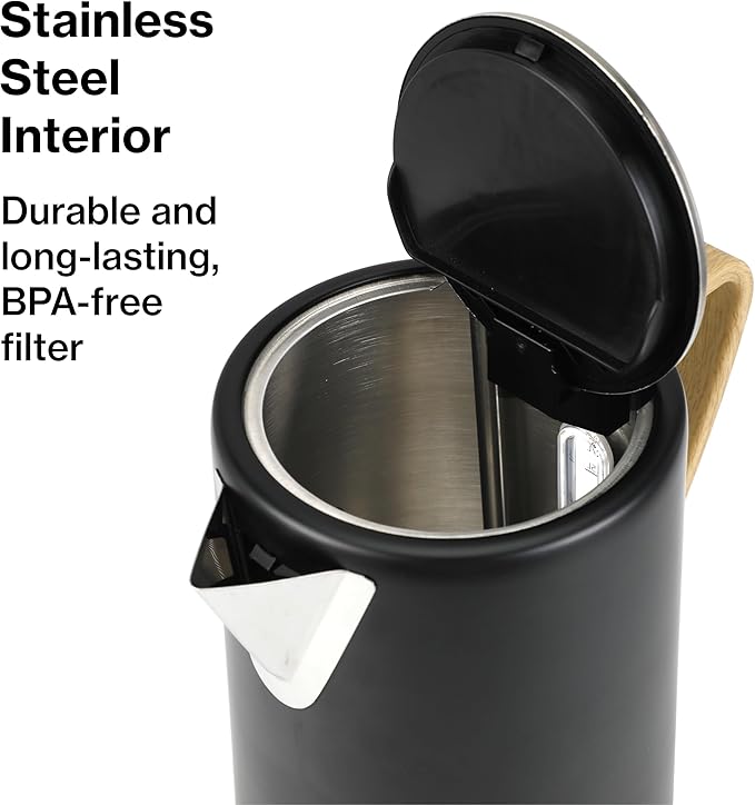 PantryPro 1.7L 1500W Rapid-Boil Electric Kettle - Stainless Steel Interior - Auto Shut-Off, Boil-Dry Protection, LED Indicator, Wide Opening - Black