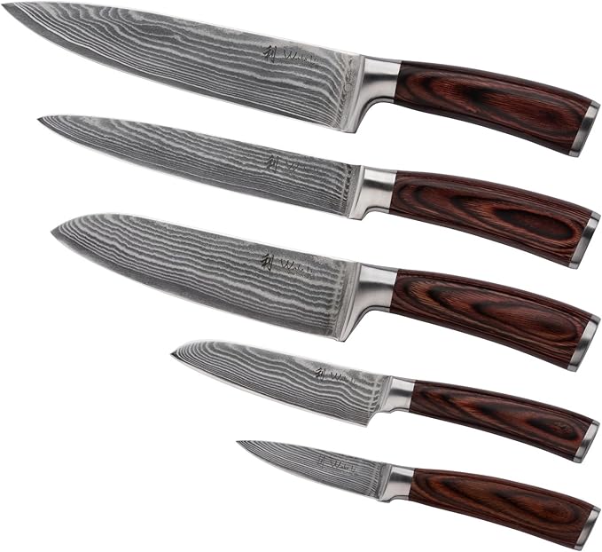 Wakoli EDIB 5-Piece Damascus Knife Set – Professional Kitchen Knives | Genuine Damascus Steel Blades with VG10 Core | Ergonomic Pakkawood Handles | Premium Chef Knife Set