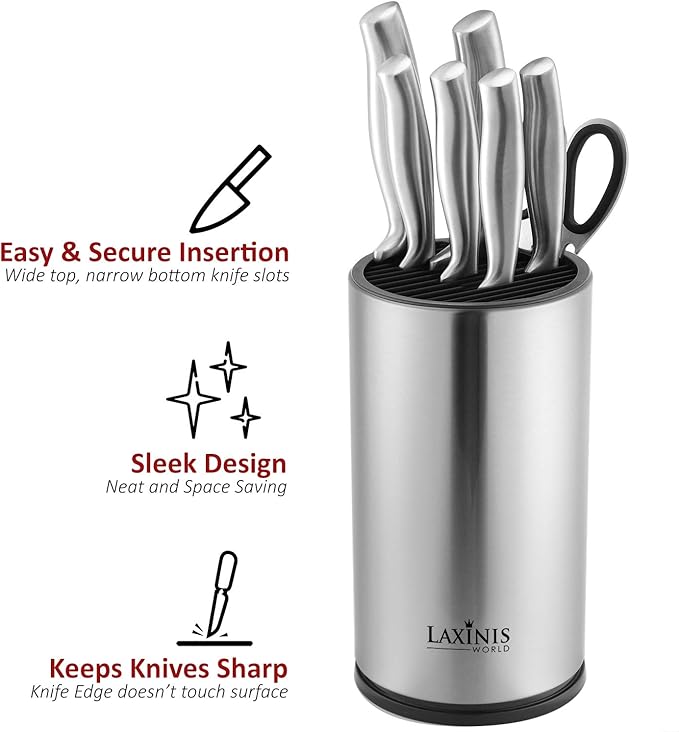 Universal Knife Block, Stainless Steel Round Knife Holder with Scissors-Slot, Counter-top Storage, Holds 12 8.5”-Blade Knives, 9” by 4.5” (knives not included)