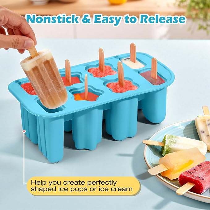 Popsicles Molds, 8-Cavity Silicone Popsicle Molds with 50 Sticks, BPA-Free Ice Pop Mold Popsicle Maker with Funnel & Cleaning Brush for Kids Adult Teens