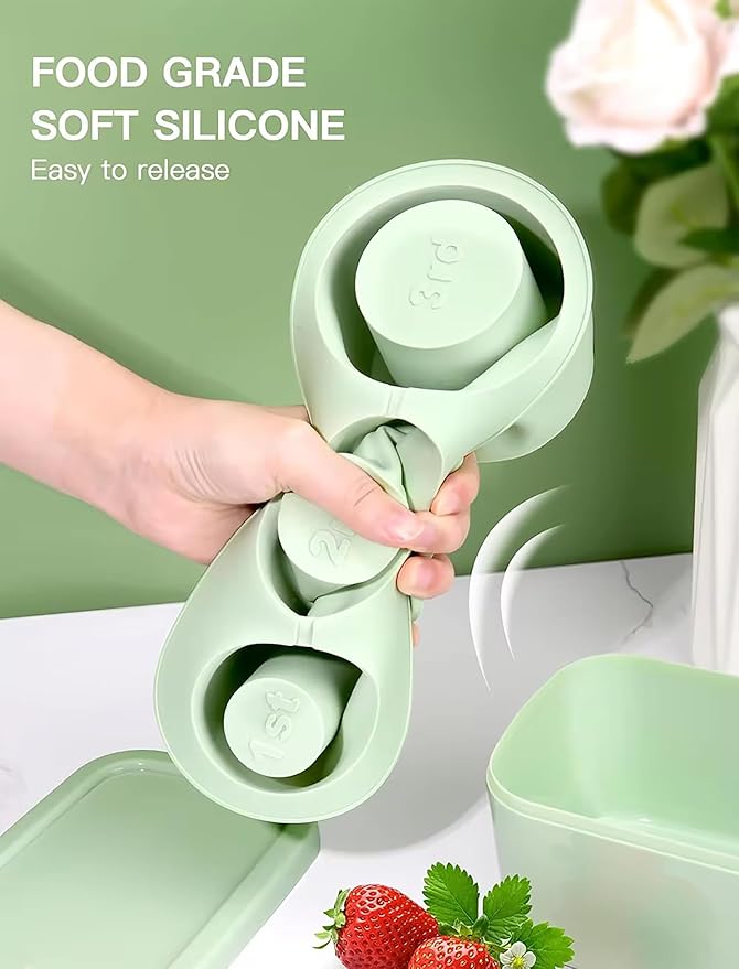 Ice Cube Tray for Stanley Cup, Silicone Ice Mould with Lid & Bin, Long Ice Cubes for 30-40Oz Tumbler, Easy Fill & Release, Perfect for Cocktails, Whiskey, Iced Coffee, Drinks, BPA Free (Green)
