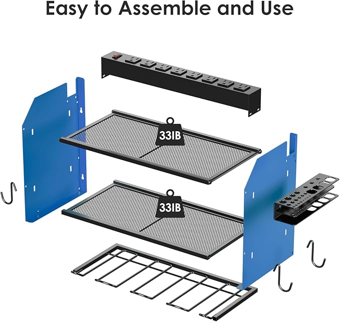 CCCEI Modular Power Tool Organizer Wall Mount with Charging Station. Garage Drill Storage Shelf with Hooks, Heavy Duty Rack, Tool Battery Holder Built in 8 Outlet. Gift for Men. Blue, 1 Pack.