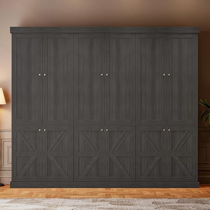 70.8" Tall Bookshelf with Doors, Farmhouse Modular Bookcase with 4-Tier Adjustable Shelves, Large Storage Cabinet for Home Office, Living Room, Black, Set of 3